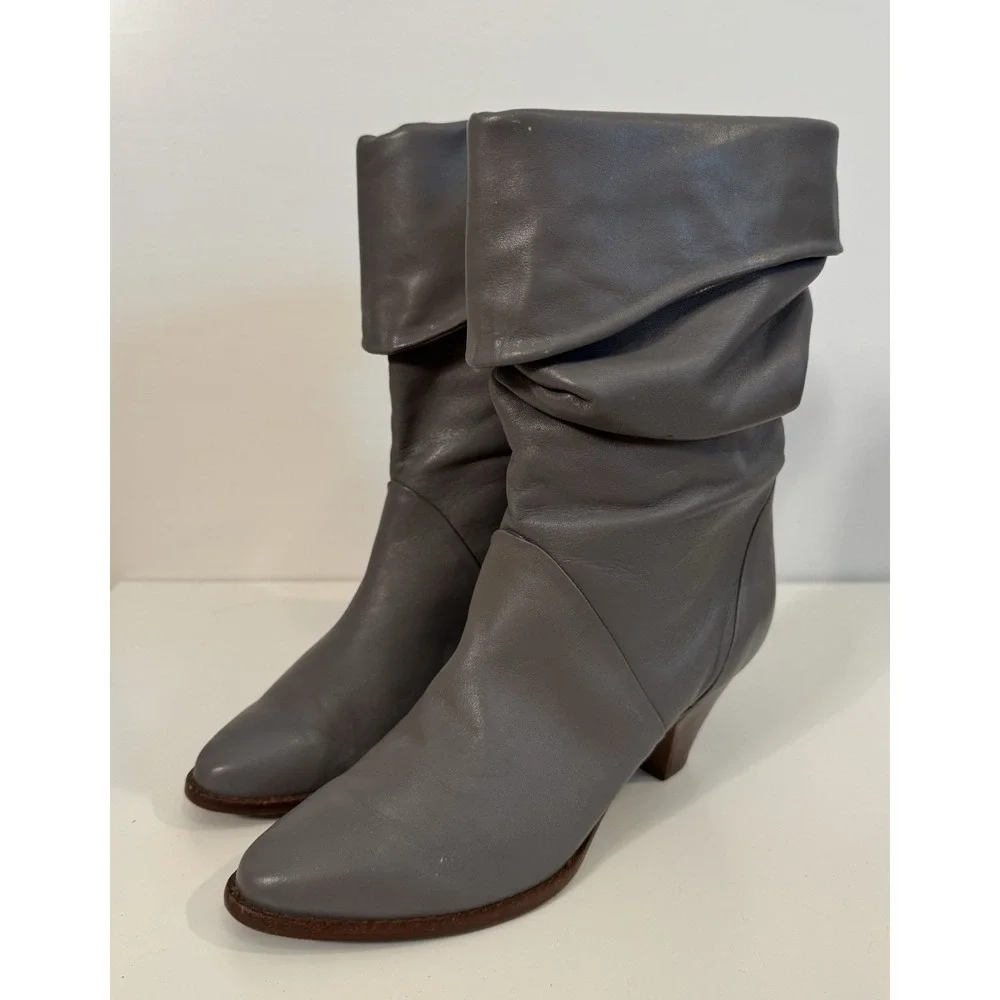 Vintage Gray Leather Slouch Fold Over Mid Calf Boots Pointed Toe Women's 7.5